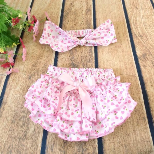 Pink Heart Ruffled Baby Bloomers and Headband Outfit Set