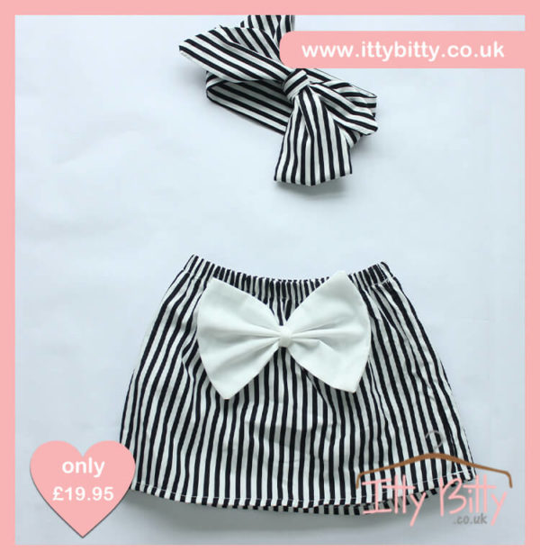 Itty Bitty 3 Piece Black & White Stripe Set Skirt & Headband