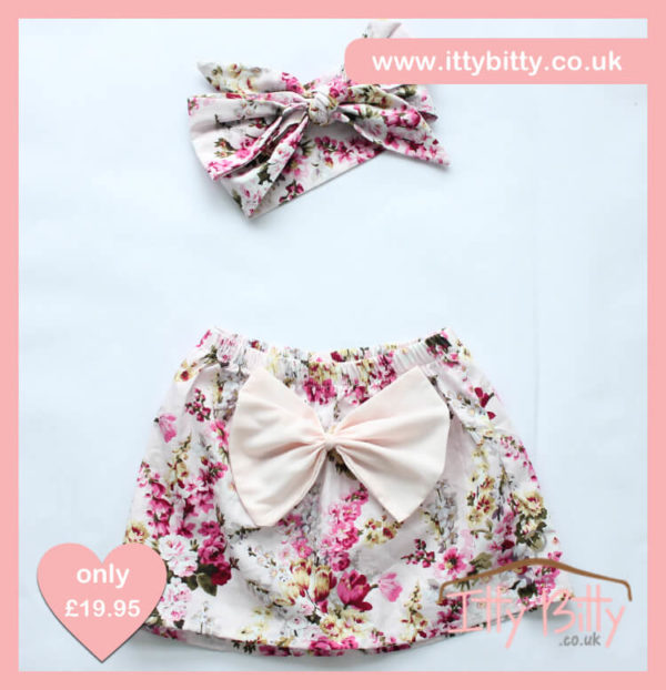 Itty Bitty 3 Piece Soft Pink Floral Set - Skirt & Headband