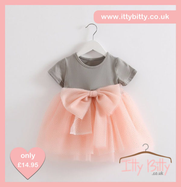 Itty Bitty Short Sleeve Grey & Pink Bow Dress