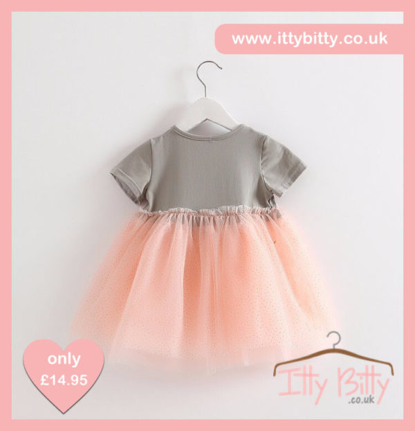 Itty Bitty Short Sleeve Grey & Pink Bow Dress Back
