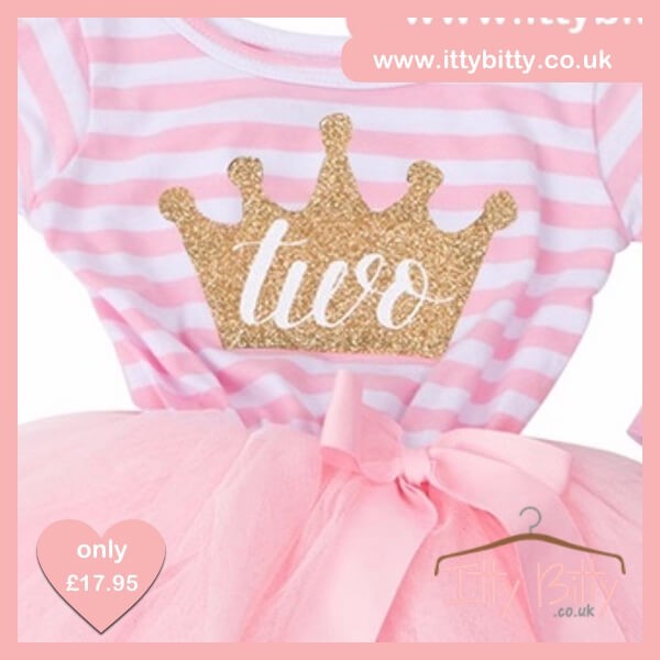 Itty Bitty Pink & White Second Birthday Princess Crown Tutu Dress