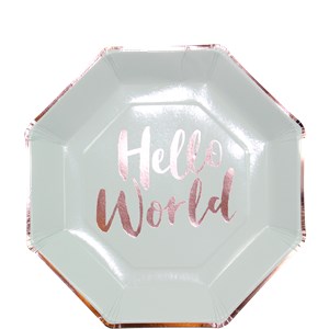 Itty Bitty Baby Shower Hello World Rose Gold Foil Plates - 25cm Paper Party Plates