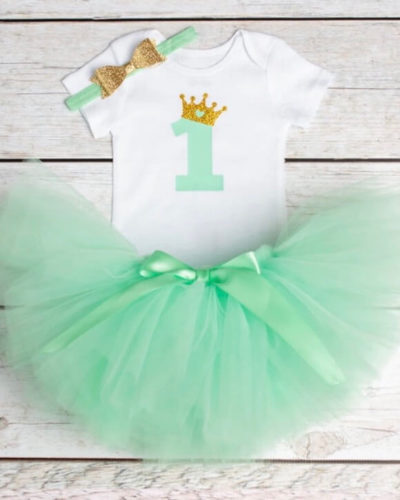 Itty Bitty Green 1st Birthday Crown Tutu Set
