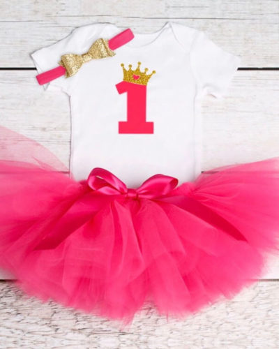 Itty Bitty Dark Pink 1st Birthday Crown Tutu Set