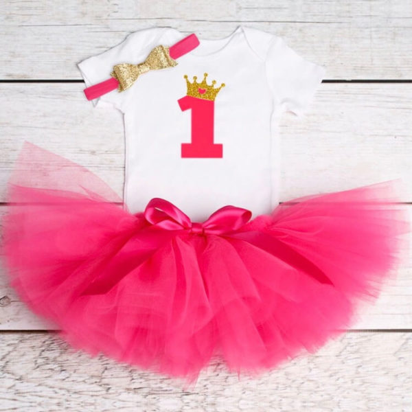 Itty Bitty Dark Pink 1st Birthday Crown Tutu Set