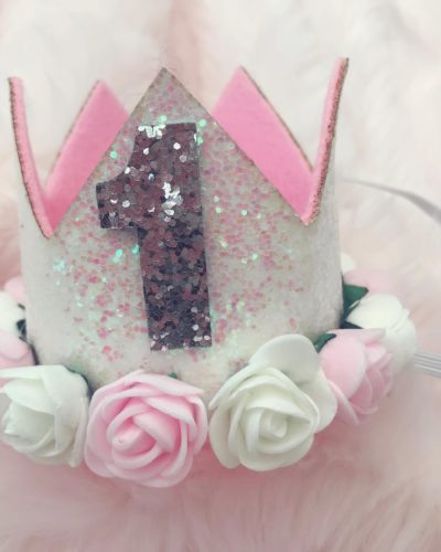 Itty Bitty 1st Birthday White Flower Adorned Crown