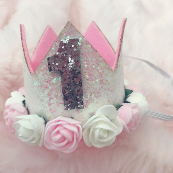 Itty Bitty 1st Birthday White Flower Adorned Crown