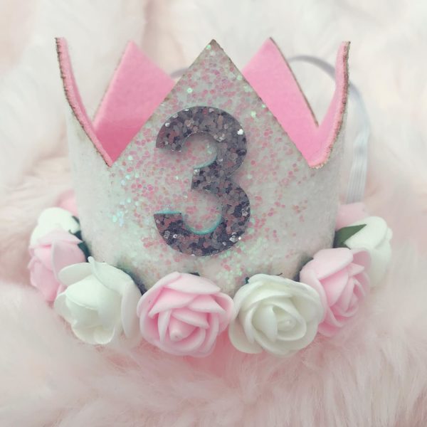 Itty Bitty 3rd Birthday White Flower Adorned Crown