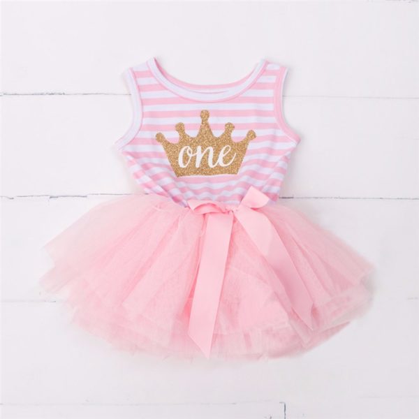 Itty Bitty Pink & White 1st Birthday Crown Tutu Sleeveless Dress