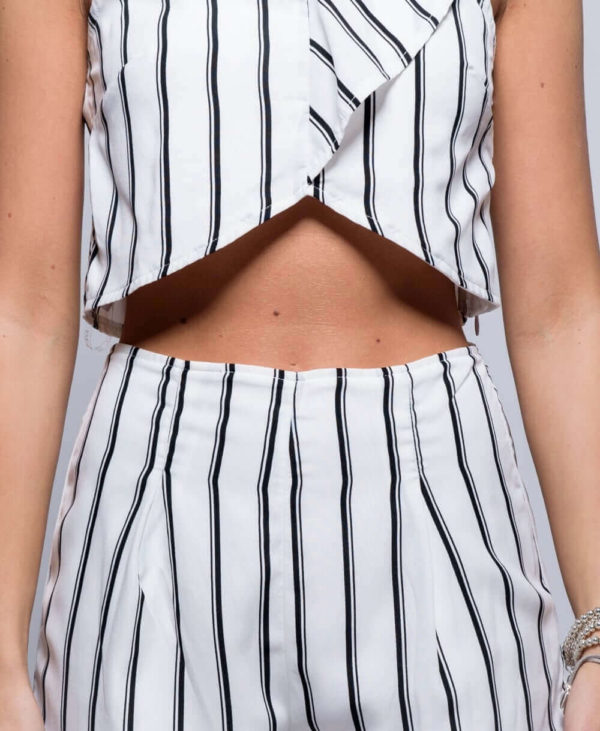 White Stripe Print Ruffle Front High Neck Top & Matching Shorts Co Ord Set - Image 6