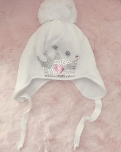 Itty Bitty Princess White Metallic Crown Knitted Pom Pom Hat