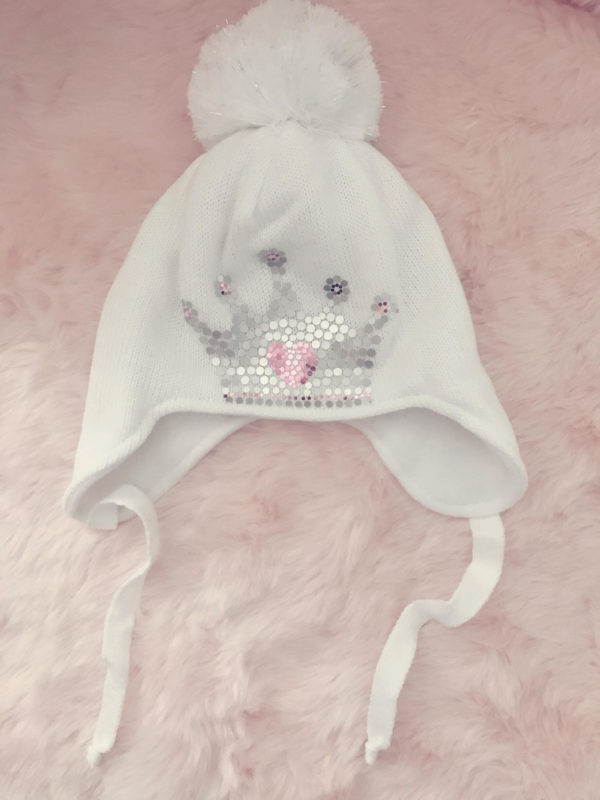 Itty Bitty Princess White Metallic Crown Knitted Pom Pom Hat