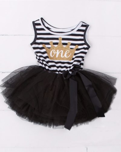 Itty Bitty Black & White 1st Birthday Crown Tutu Sleeveless Summer Dress