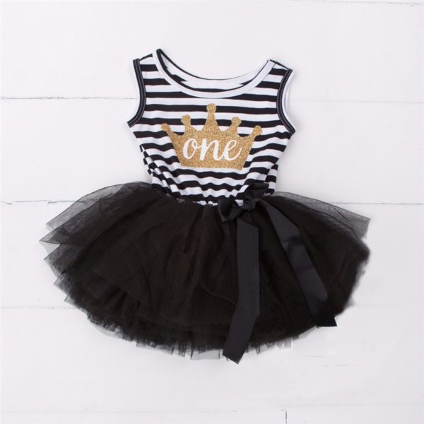 Itty Bitty Black & White 1st Birthday Crown Tutu Sleeveless Summer Dress