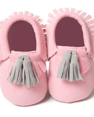 Itty Bitty Pink With Grey Tassel Moccasins