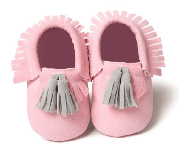 Itty Bitty Pink With Grey Tassel Moccasins