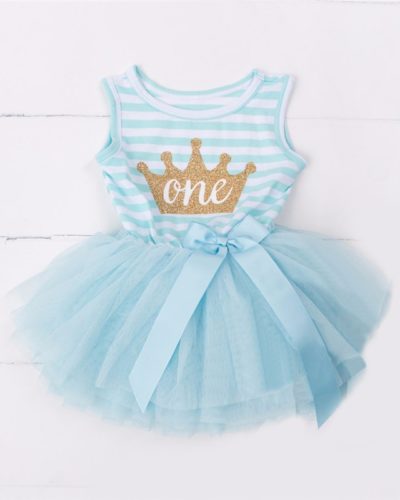 Itty Bitty Aqua & White 1st Birthday Crown Tutu Sleeveless Dress