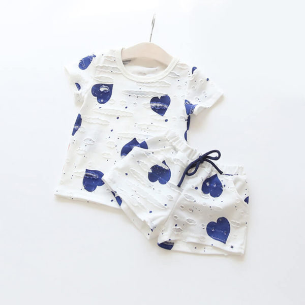 Itty Bitty Blue Hearts Summer Kids Clothing Print t-shirt + Shorts Set