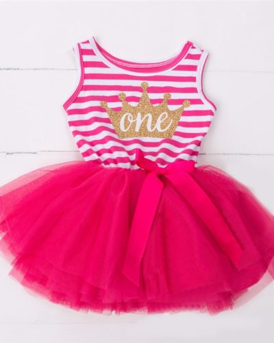 Itty Bitty Dark Pink & White 1st Birthday Crown Tutu Sleeveless Summer Dress