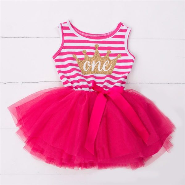 Itty Bitty Dark Pink & White 1st Birthday Crown Tutu Sleeveless Summer Dress