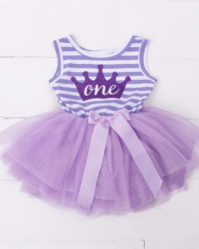 Itty Bitty Purple & White 1st Birthday Crown Tutu Sleeveless Summer Dress