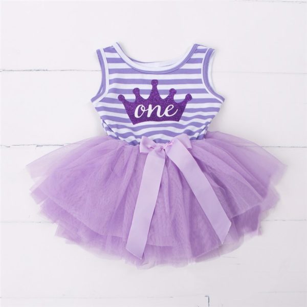Itty Bitty Purple & White 1st Birthday Crown Tutu Sleeveless Summer Dress