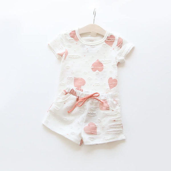 Itty Bitty Pink Hearts Summer Kids Clothing Print t-shirt + Shorts Set