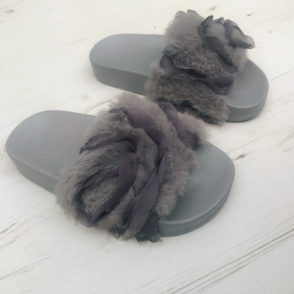 Itty Bitty Grey Fluffy Sandals Sliders