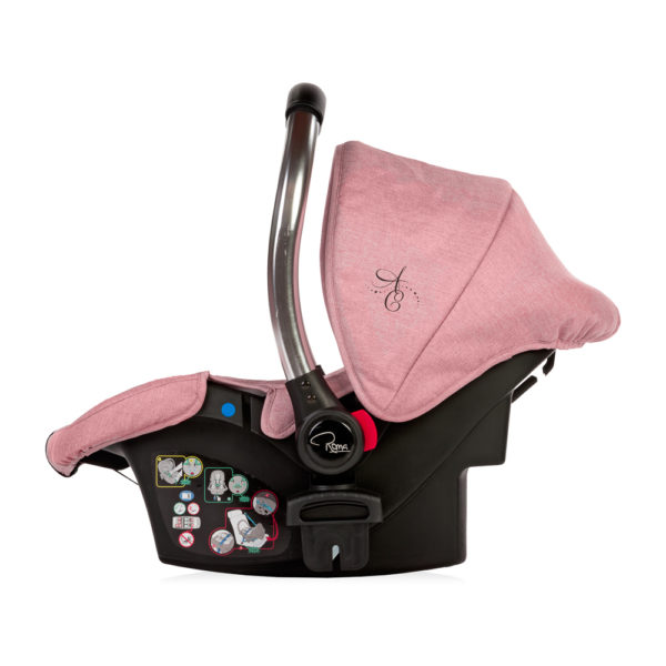 Amy Childs Roma Vita Pink Travel System The Roma Vita travel system includes everything you need for your baby. The package includes the Vita stroller, carrycot, car seat, changing bag, footmuff and raincover. The Vita chassis features lockable swivel front wheels and a compact, self-standing fold. An ergonomically shaped handle complements the leatherette bumper bar.