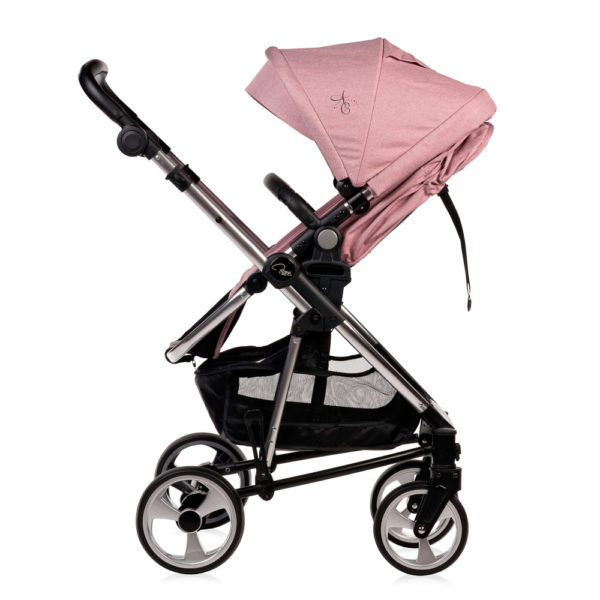 Amy Childs Roma Vita Pink Travel System The Roma Vita travel system includes everything you need for your baby. The package includes the Vita stroller, carrycot, car seat, changing bag, footmuff and raincover. The Vita chassis features lockable swivel front wheels and a compact, self-standing fold. An ergonomically shaped handle complements the leatherette bumper bar.