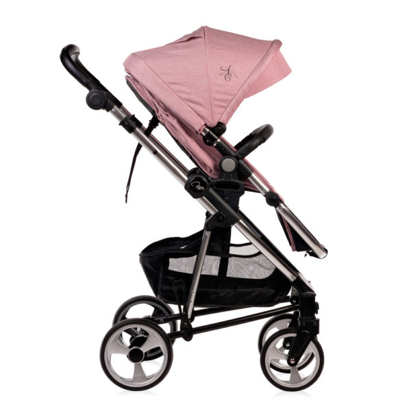 Amy Childs Roma Vita Pink Travel System The Roma Vita travel system includes everything you need for your baby. The package includes the Vita stroller, carrycot, car seat, changing bag, footmuff and raincover. The Vita chassis features lockable swivel front wheels and a compact, self-standing fold. An ergonomically shaped handle complements the leatherette bumper bar.