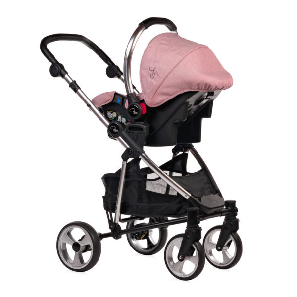 Amy Childs Roma Vita Pink Travel System The Roma Vita travel system includes everything you need for your baby. The package includes the Vita stroller, carrycot, car seat, changing bag, footmuff and raincover. The Vita chassis features lockable swivel front wheels and a compact, self-standing fold. An ergonomically shaped handle complements the leatherette bumper bar.