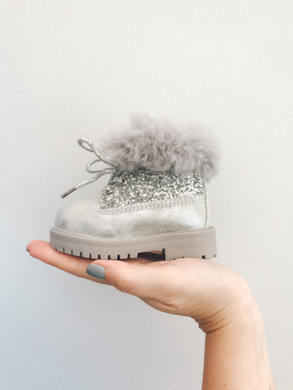 Itty Bitty Silver Winter Sparkle fur boots