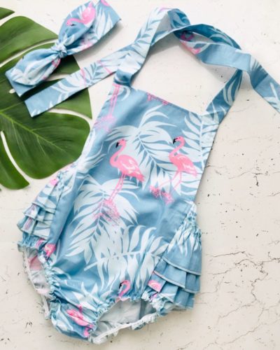 Itty Bitty Baby Blue Flamingo Summer Romper