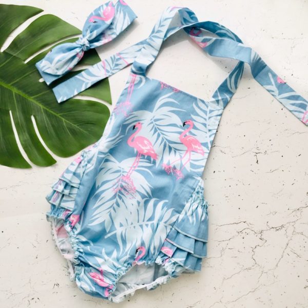 Itty Bitty Baby Blue Flamingo Summer Romper