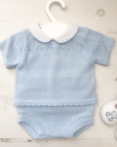 Itty Bitty Baby Blue Embroidered Collar Knitted Set