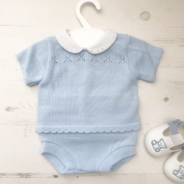 Itty Bitty Baby Blue Embroidered Collar Knitted Set