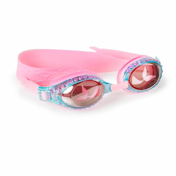 Mermaid swim goggle features a fish tail embossed silicone strap, glitter infused frame and a fish tail printed lens.