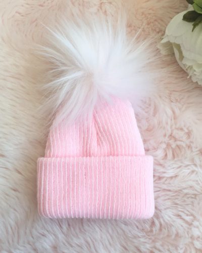 Itty Bitty Pink Ribbed Pom Pom Beanie Hat