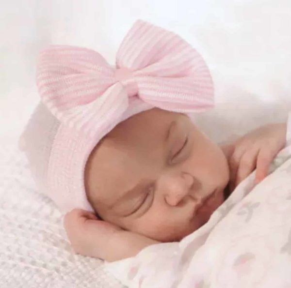Itty Bitty Newborn White With Stripe Bow Hat - Image 2