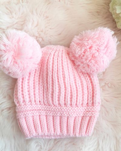 Itty Bitty Pink Double Wool Pom Pom Beanie Hat