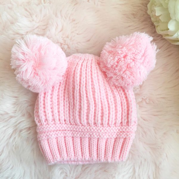 Itty Bitty Pink Double Wool Pom Pom Beanie Hat