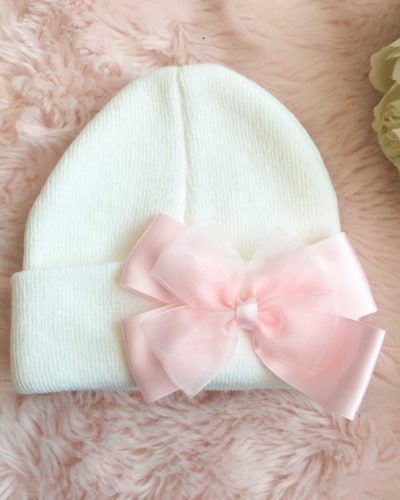 Itty Bitty White With Pink Double Bow Beanie Hat