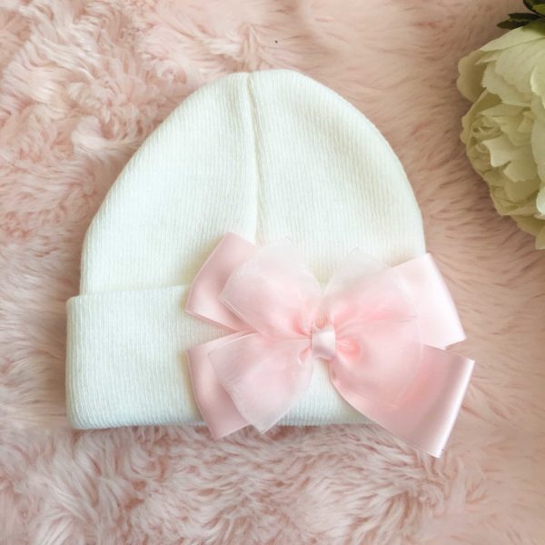 Itty Bitty White With Pink Double Bow Beanie Hat