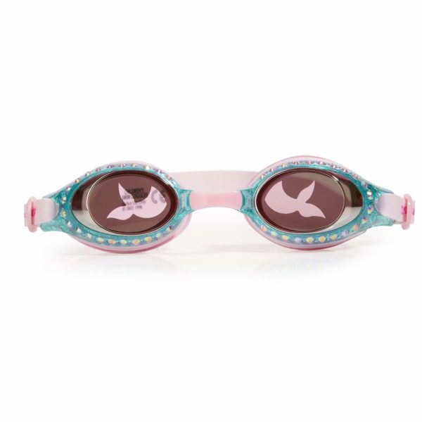 Mermaid swim goggle features a fish tail embossed silicone strap, glitter infused frame and a fish tail printed lens.