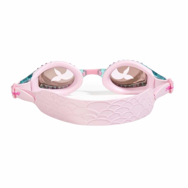 Mermaid swim goggle features a fish tail embossed silicone strap, glitter infused frame and a fish tail printed lens.