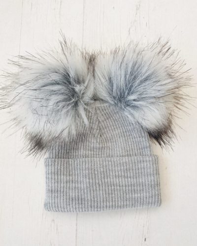 Itty Bitty Grey Double Faux Fur Pom Pom Hat