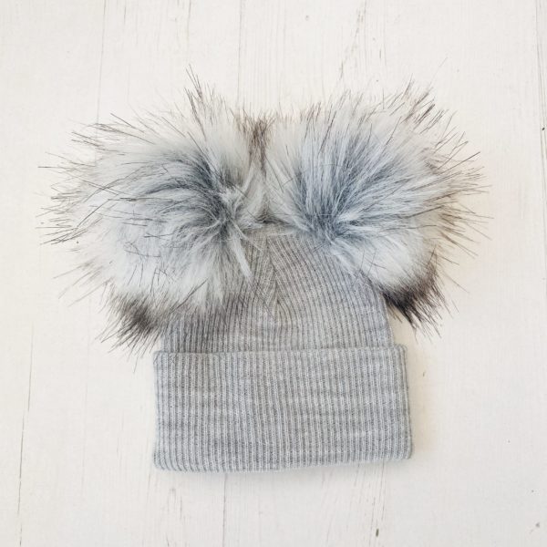 Itty Bitty Grey Double Faux Fur Pom Pom Hat