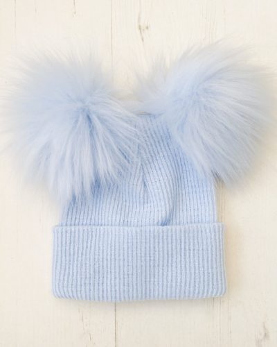 Itty Bitty Blue Double Faux Fur Pom Pom Hat